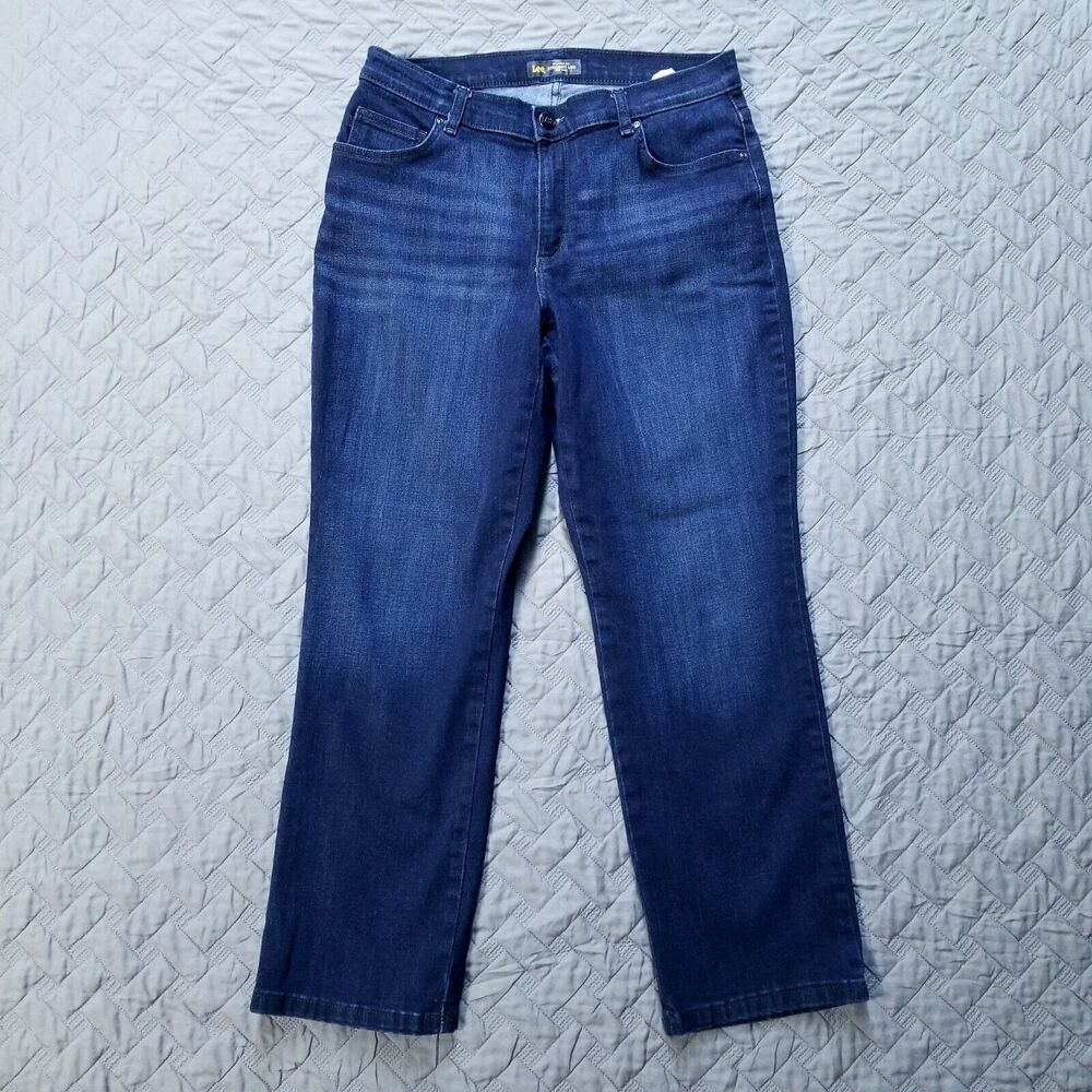 Lee Jeans Womens 12 Short Blue Relaxed Fit Straight Leg Mid Rise Dark Wash Denim